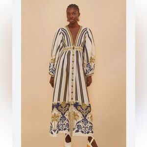 FARM Rio White Maxi Dress with Navy and Gold Embroidery